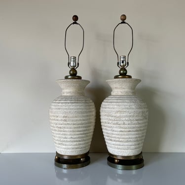 1980s Vintage Ribbed Design Pottery Table Lamps - a Pair 
