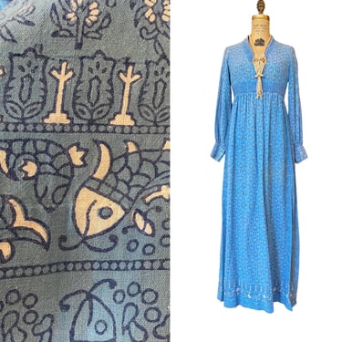 1970s katfan, vintage maxi dress, india imports, size small, novelty print, empire waist, fish block print, blue cotton, 26 waist, adini 