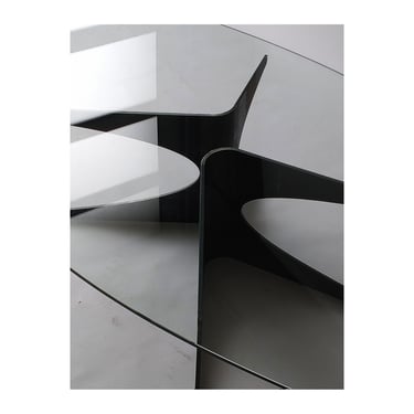 glasstop and steel coffee table - boomerang table - birdloft original design 
