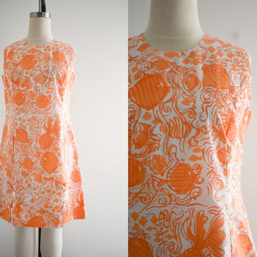 1960s Beachcomber Orange Fish Shift Dress 