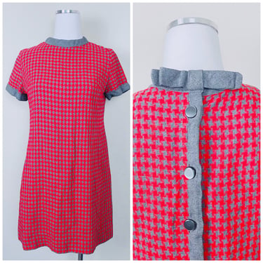 1960s Vintage Red and Grey Houndstooth Mini Dress / 60s Bow Back Cotton / Rayon Mod Dress / Size Medium 