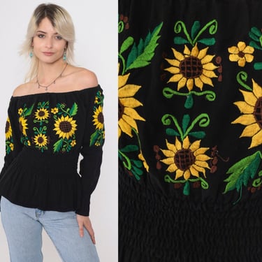 Mexican Floral Blouse 90s Off Shoulder Top Black Peasant Shirt Embroidered Sunflower Boho Long Sleeve Puebla Hippie Vintage 1990s Small 