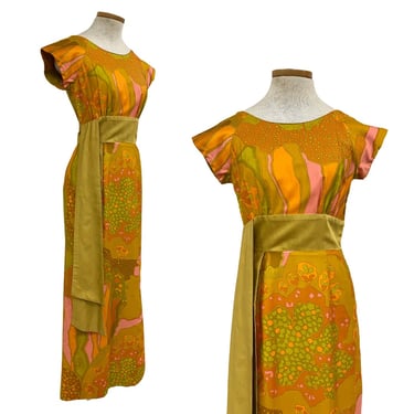 Vtg Vintage 1960s 60s Citrine Chartreuse Psych Print Designer Hawaiian Dress 