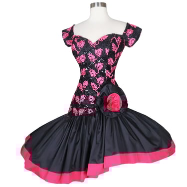 Vintage 80s Prom Party Dress S Small Black Pink Sequin Hi Lo Full Skirt Mermaid Formal Dance Costume Cha Cha Ribbon Glam Alyce Designs 