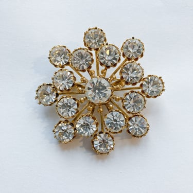50s Glam Clear Rhinestone Sunburst/Snowflake Brooch Pin 