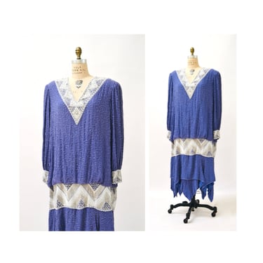 70s 80s Vintage Beaded Dress Blue Silver Lavender Flapper Inspired Dress Size XXL Plus Size by Judith Ann Plus 80s Glam Beaded Dress XL 