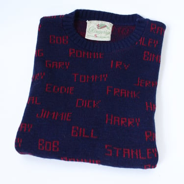 Vintage 40's Wool Sweater, Blue with Red Men's Names - Bing, Frank, Harry, Irv, Tommy, Dick, Bill, Ronnie, Jimmie, Eddie, Gary 