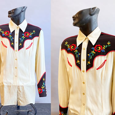 1950s Western Shirt / Embroidered Western Shirt / Men's Western Shirt / Gabardine Shirt / Vintage Western Wear / Size Large 