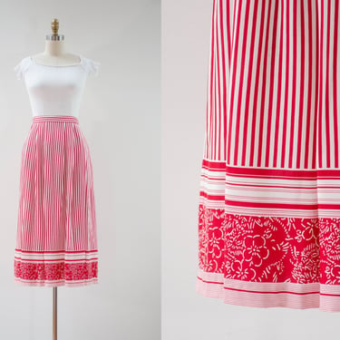 red white striped skirt | 80s 90s vintage floral border print flowy midi skirt 