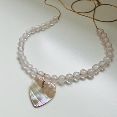 South Dakota Rose Quartz and California Abalone Heart Necklace Handmade pink heart necklace by Rachel Pfeffer 