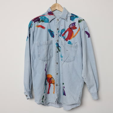 vintage CHAMBRAY hand painted CAT shirt denim slouchy vintage 1990s wild one button down shirt -- size large 