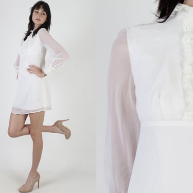 Ivory Chiffon Mini Dress / Plain Empire Waist Tuxedo Dress / See Through Sheer Sleeves / Vintage 60s Cream Lace 