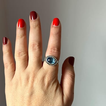 Handmade Sterling Silver Cocktail Ring with Vintage Pale Blue Glass Gemstone 