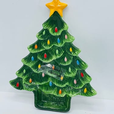 Mr. Christmas Tree Shaped Dish Plate Hand Painted Lights Ceramic Trinkets Nuts- Unused 