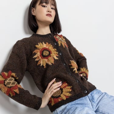 BROWN WOOL FLORAL Vintage Patterned Sweater Crew Neck Grandma 90's Oversize Sunflowers / Small 