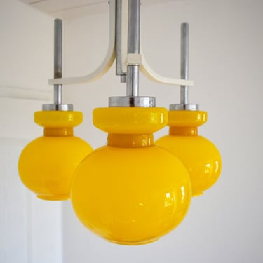 Space Age Chandalier from 1970's/ Mid Century Yellow Opaline Glass Hanging Lamp/Vintage Pendant Lamp/ MCM Ceiling Light/ Light Fixture 