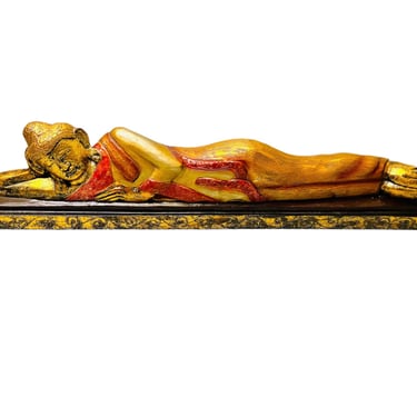 Vintage 42.5” Length Reclining Laying Wooden Buddha Statue, Vintage Sleeping Buddha Statue 