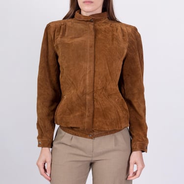 Small 80s Brown Suede Jacket | Vintage Jones New York Leather Puff Sleeve Zip Up Bomber 