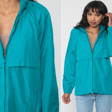 Turquoise Hooded Windbreaker Jacket 80s Woolrich Woman Zip Up Pullover Hoodie Windbreaker Hood Coat Hood Vintage Raglan Sleeve Medium 