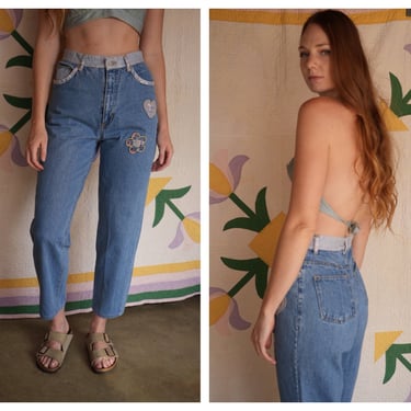 90's Mom Jeans / Gingham Patchwork Nineties Denim / High Waist Light Wash Denim / Nineties mom Jeans / Floral Quilt Patched 