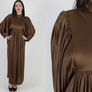 70s Shiny Brown Grecian Disco Dress / Billowy Balloon Sleeves / Womens Cocktail Lounge Singer Maxi Gown 