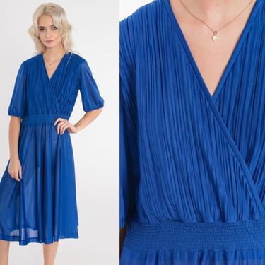 Blue Midi Dress 80s Semi-Sheer Faux Wrap Secretary Dress High Waisted Pleated V Neck Short Sleeve Retro Simple Vintage 1980s Medium Large 