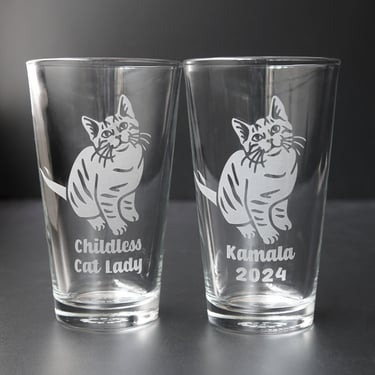 Kamala Cat Pint Glass - Harris 2024 Childless Cat Lady etched glassware 