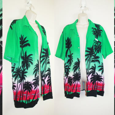 Vintage 1990s Green & Pink Tropical Shirt 