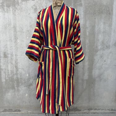 Vintage 1930s 1940s Yellow Red & Blue Striped Terry Cloth Robe Cotton Coat Dress