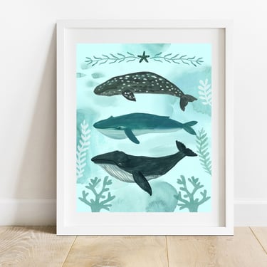 Whale Trio Art Print/ 8X10 Ocean Illustration/ Sea Life Watercolor Wall Art/ Coastal Beach House Decor 