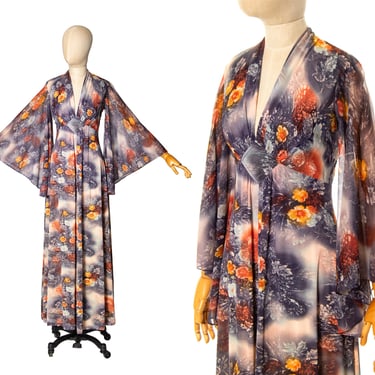Vintage 1970s Maxi Dress | 70s Floral Print Sheer Angel Sleeve Blue Orange Full Length Boho Dress (x-small/small) 