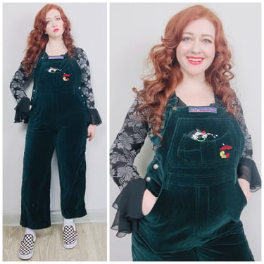 1990s Vintage Looney Tunes Velvet Overalls / 90s Novelty Embroidered Tweety Bird and Sylvester Forest Green Jumpsuit / Large 
