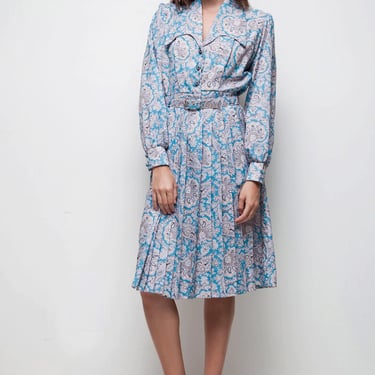 vintage 70s blue paisley print belted pleated shirtwaist dress LARGE L long sleeves knee length 