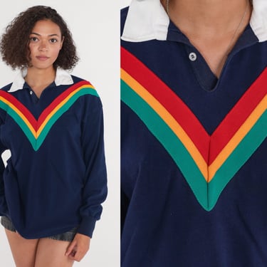 Rainbow Striped Shirt 90s Navy Blue Knit Polo Shirt Long sleeve Top Chevron Stripes Retro Collared Button Up Vintage 1990s Large L 