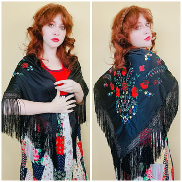 1970s Vintage Poly Satin Black Embroidered Shawl / 70s / Seventies Rainbow Bohemian Fringe Piano Cape 