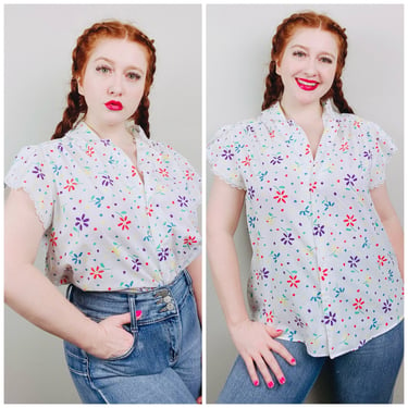 1980s Vintage "Just 4" Rainbow Floral Blouse / 80s / Eighties Lace Trim Flutter Sleeve Button Shirt / Size XL - XXL 