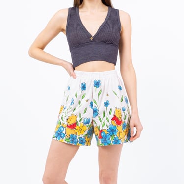 Sm-Med 90s Winnie The Pooh Cotton Lounge Shorts | Vintage Disney Cartoon White Floral High Waisted Shorts 