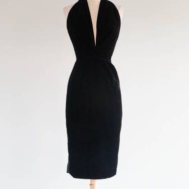 Sublime 1950's Ceil Chapman Black Velvet Halter Dress / XS