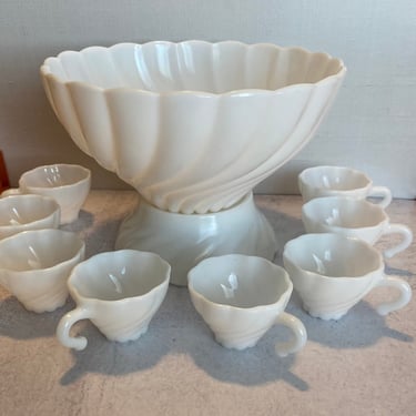 Vintage Hazel Ware Milkglass Punchbowl Set Eight Cups Swirl Pattern 