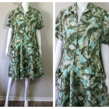 Vintage 50s 60s Mode O' Day Zip Front Pocketed Dress Green Abstract Floral House Day Volup Cotton // US 10 12 Large 