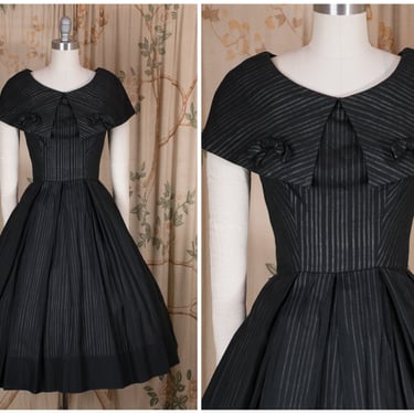 1950s Dress - Chic SUZY PERETTE Vintage 50s Dress in Black Shadow Stripe with Giant Collar 