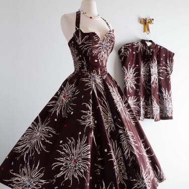 Fabulous 1950's Alfred Shaheen Blossom Time! Hawaiian Halter Dress &amp; Shirt / SM