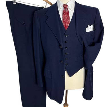 Vintage 1940s/1950s H FREEMAN Wool 3pc Navy Suit ~ size 40 R ~ vest / waistcoat ~ pants / jacket / sport coat ~ 