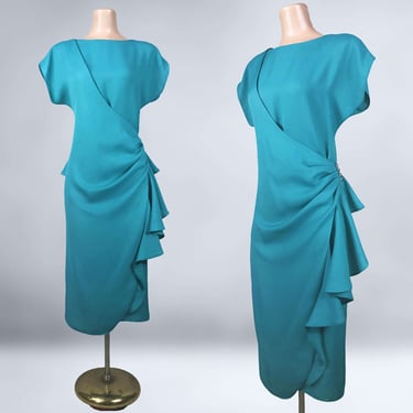 VINTAGE 80s Turquoise Draped Peplum Wrap Dress By Vicky Vaughn Size 11 | 1980s Does 40s Hip Swag New Wave Dress | VFG 