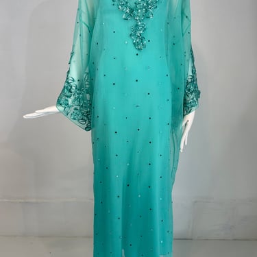 Oscar de la Renta S/S 13 Aqua Silk Embroidered & Appliqued Caftan & Slip XS