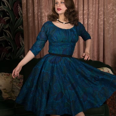 1950s Dress - Saturated Indigo Blue Wool 50s Day Dress with Dolman Sleeves and Pleated Skirt 