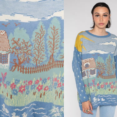 Novelty Print Sweater Y2k Blue Knit Pullover Sweater Cottage Farm Sun Floral Ducks Garden Trees Forest Flower Vintage 00s Acrylic Large L 