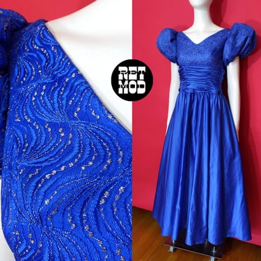 Fantastic Vintage 80s Blue Puff Sleeve Princess Gown with Metallic Thread 