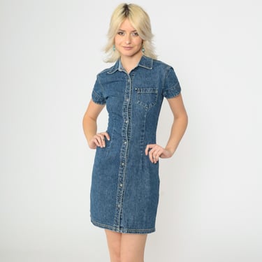 90s Denim Tommy Hilfiger Dress Button Up Blue Jean Dress 90s Denim Mini Dress Vintage 1990s Short Sleeve Collar Preppy Retro Extra Small xs 