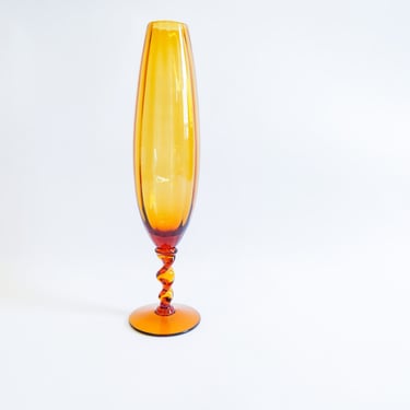 Vintage Amber Blown Glass Vase, Handblown Vase for Flowers With a Twisted Base 